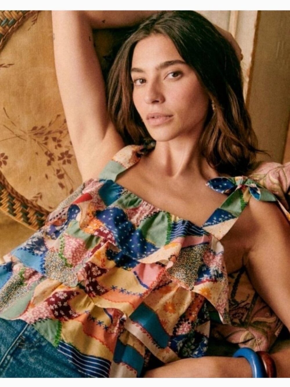 NWT Patchwork Ruffle Vintage Tie-Strap Tank - Size 42 Multicolor